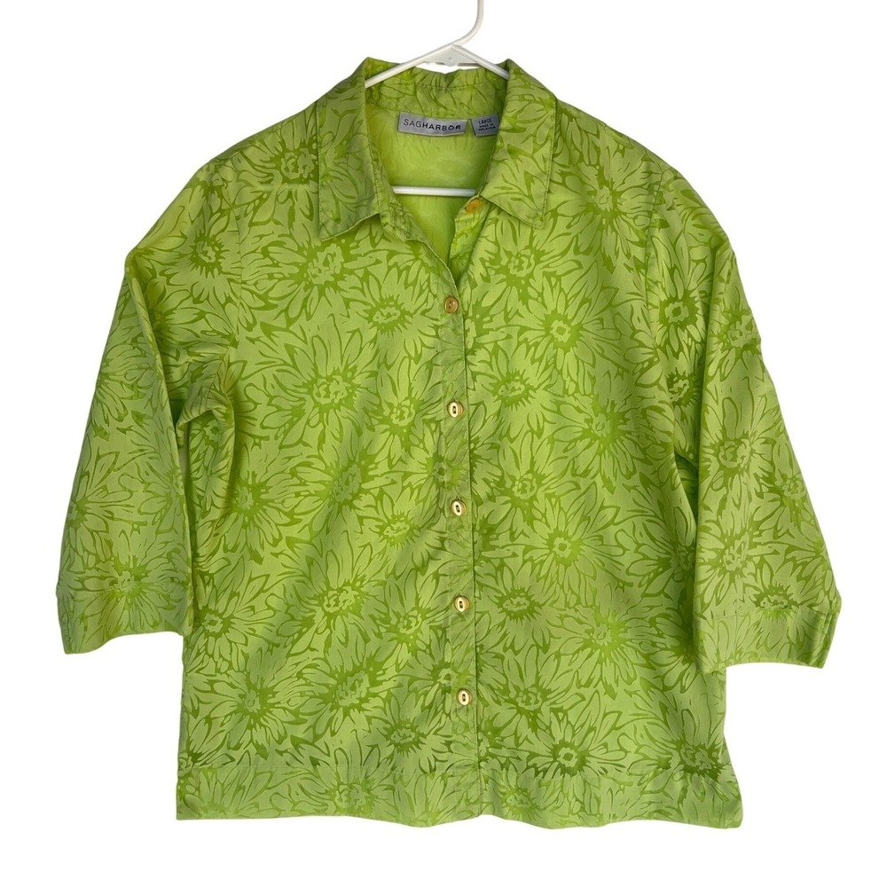 Sag Harbor Lime Green Sheer Floral Burnout Button Up Blouse 3/4 Sleeve Large